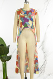 Multicolor Casual Print Basic O Neck Tops