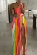 Multicolor Casual Print Backless Slit Oblique Collar Long Dress Dresses