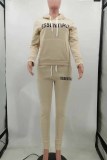 Light Gray Casual Print Letter Hooded Collar Long Sleeve Two Pieces