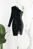 Black Sexy Patchwork Sequins Slit Oblique Collar Wrapped Skirt Dresses