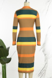 Multicolor Casual Striped Print Patchwork Zipper Collar Long Sleeve Dresses