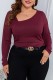 Burgundy Casual Solid Basic Oblique Collar Plus Size Tops