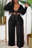 Black Sexy Casual Solid Frenulum Slit V Neck Plus Size Two Pieces