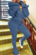 The cowboy blue Casual Solid Hollowed Out Patchwork Pocket Zipper Hooded Collar Long Sleeve Two Pieces