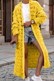 Yellow Sweet Solid Tassel Patchwork Cardigan Collar Outerwear