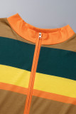 Multicolor Casual Striped Print Patchwork Zipper Collar Long Sleeve Dresses