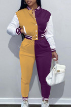 Yellow Purple Casual Elegant Color Block Patchwork Pocket Buckle O Neck Long Sleeve Two Pieces