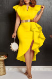 Red Casual Solid Flounce V Neck Irregular Dress Dresses (Without Belt)