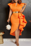Red Casual Solid Flounce V Neck Irregular Dress Dresses (Without Belt)