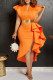 Orange Casual Solid Flounce V Neck Irregular Dress Dresses (Without Belt)