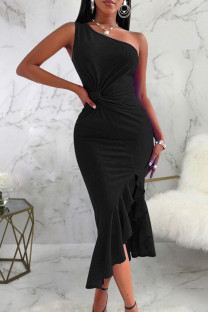 Black Sexy Solid Patchwork Flounce One Shoulder Irregular Dress Dresses