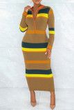 Multicolor Casual Striped Print Patchwork Zipper Collar Long Sleeve Dresses