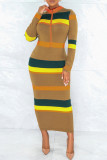 Multicolor Casual Striped Print Patchwork Zipper Collar Long Sleeve Dresses