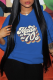 Royal Blue Casual Street Print Draw String Letter Hooded Collar Tops