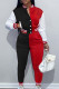 Red Black Casual Elegant Color Block Patchwork Pocket Buckle O Neck Long Sleeve Two Pieces