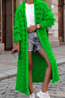 Green Sweet Solid Tassel Patchwork Cardigan Collar Outerwear