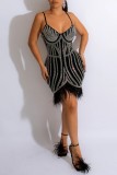 Black Sexy Patchwork Hot Drilling Feathers Backless Spaghetti Strap Wrapped Skirt Dresses