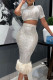 White Street Solid Sequins Patchwork Feathers O Neck Short Sleeve Two Pieces