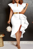 Red Casual Solid Flounce V Neck Irregular Dress Dresses (Without Belt)