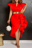 Red Casual Solid Flounce V Neck Irregular Dress Dresses (Without Belt)