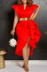 Red Casual Solid Flounce V Neck Irregular Dress Dresses (Without Belt)