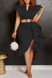 Red Casual Solid Flounce V Neck Irregular Dress Dresses (Without Belt)