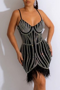 Black Sexy Patchwork Hot Drilling Feathers Backless Spaghetti Strap Wrapped Skirt Dresses