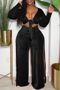 Black Sexy Casual Solid Frenulum Slit V Neck Plus Size Two Pieces