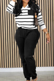 Black Casual Striped Patchwork Draw String Pocket V Neck Long Sleeve Two Pieces