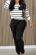 Black Casual Striped Patchwork Draw String Pocket V Neck Long Sleeve Two Pieces