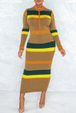 Multicolor Casual Striped Print Patchwork Zipper Collar Long Sleeve Dresses