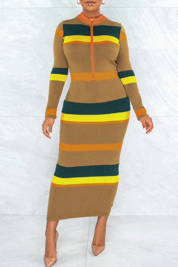 Multicolor Casual Striped Print Patchwork Zipper Collar Long Sleeve Dresses