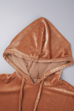 Rose Red Sexy Solid Patchwork Draw String Hooded Collar Long Sleeve Two Pieces