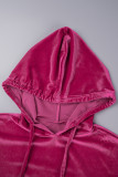 Rose Red Sexy Solid Patchwork Draw String Hooded Collar Long Sleeve Two Pieces