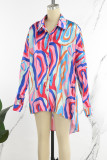Blue Street Print Patchwork Buckle Turndown Collar Tops