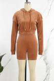 Rose Red Sexy Solid Patchwork Draw String Hooded Collar Long Sleeve Two Pieces