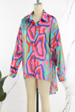 Blue Street Print Patchwork Buckle Turndown Collar Tops