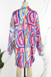 Blue Street Print Patchwork Buckle Turndown Collar Tops