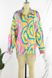 Blue Street Print Patchwork Buckle Turndown Collar Tops