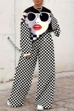 Black White Casual Print Basic O Neck Plus Size Two Pieces