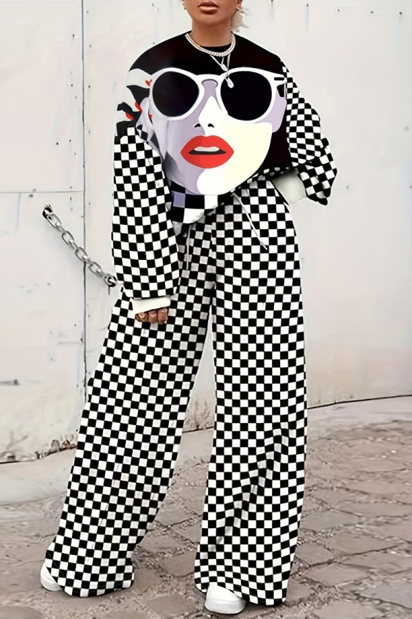 Black White Casual Print Basic O Neck Plus Size Two Pieces