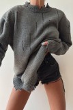 Dark Gray Casual Solid Ripped O Neck Tops