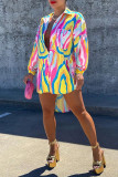 Blue Street Print Patchwork Buckle Turndown Collar Tops