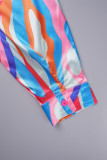 Blue Street Print Patchwork Buckle Turndown Collar Tops