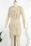 Apricot Street Solid Patchwork Pocket Zipper Strapless Straight Dresses