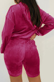 Rose Red Sexy Solid Patchwork Draw String Hooded Collar Long Sleeve Two Pieces