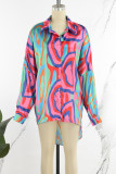 Blue Street Print Patchwork Buckle Turndown Collar Tops