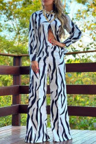 Zebra Casual Print Bandage Patchwork Pocket O Neck Long Sleeve Two Pieces