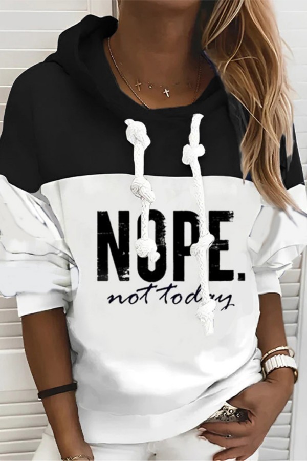 Black White Casual Letter Print Patchwork Hooded Collar Tops