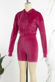 Rose Red Sexy Solid Patchwork Draw String Hooded Collar Long Sleeve Two Pieces